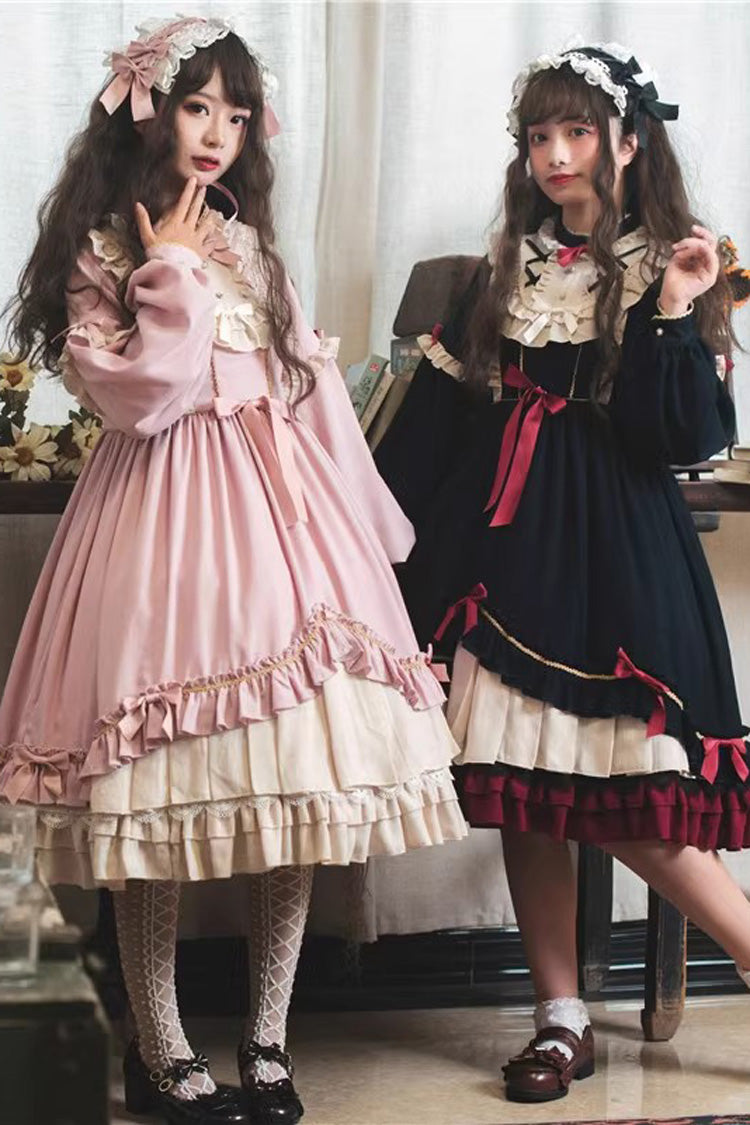 Pink Long Sleeves Ruffle Bowknot Daily Sweet Princess Lolita Dress