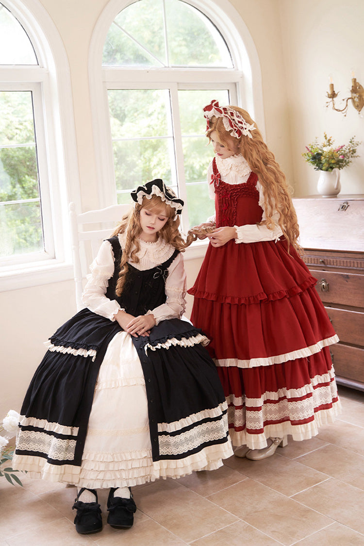 Schwarzes [Lily] Mehrlagiges Rüschenspitzen-Klassisches Elegantes Lolita-Jsk-Kleid