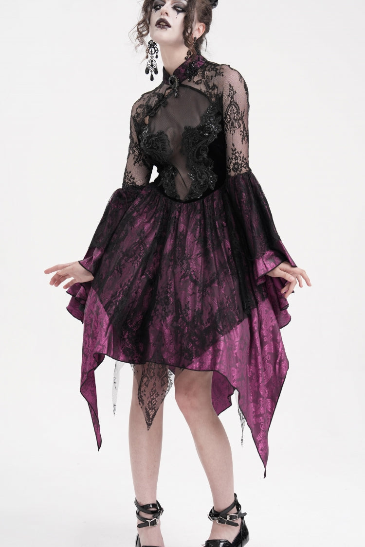 Black/Purple Long Sleeves Embroidery Lace Lace-Up Irregular Sheer Mesh Women's Gothic Dress