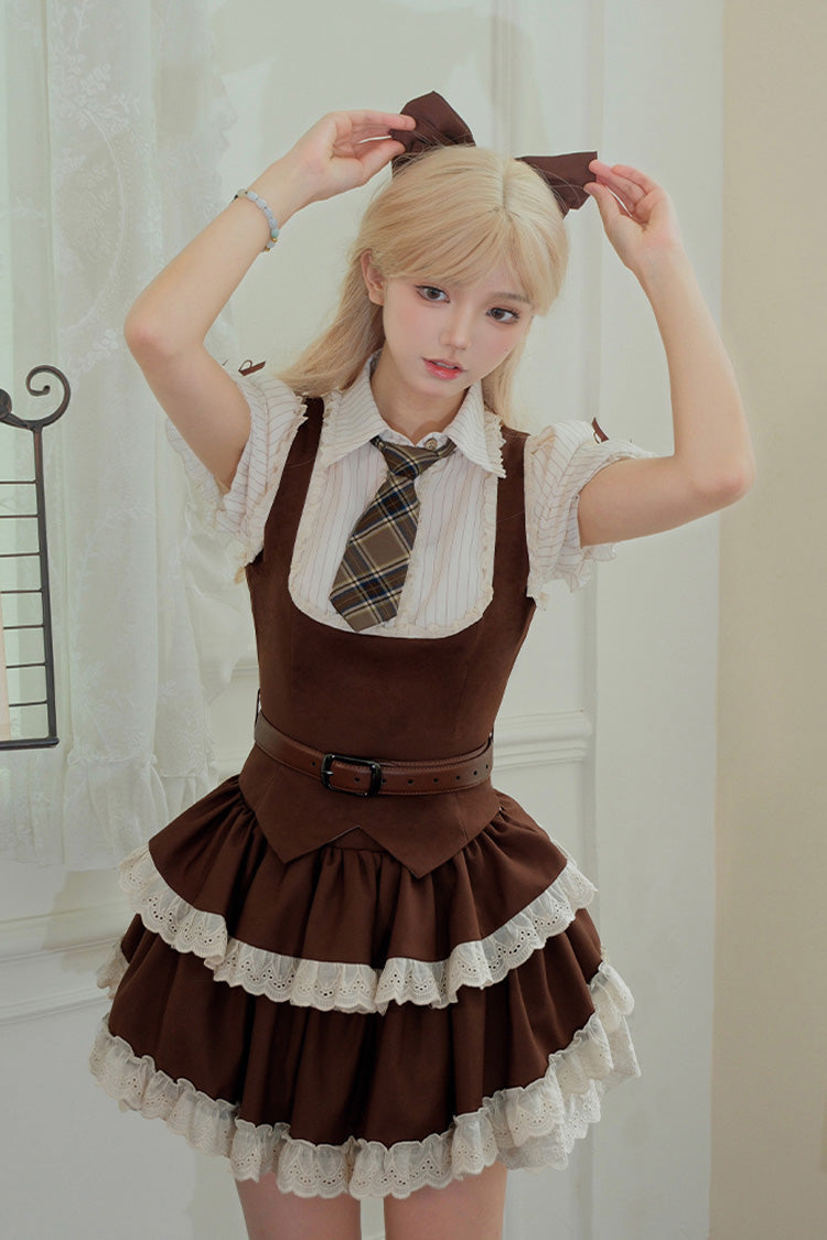 Brown Coco Love Letter Double-Layered Ruffle Lace Sweet College Style Lolita Skirt Set