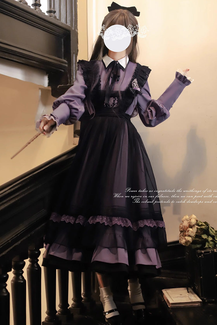 Black [Witch Academy] Double-Layered Ruffle Embroidery Bowknot Mesh Sweet Elegant Lolita Jumper Dress