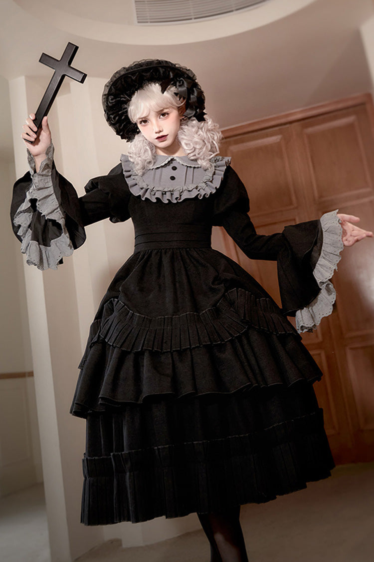 Schwarzes [Chapter of the Night] Gothic Lolita Kleid mit langen Hime-Ärmeln, Rüschen und Schleife