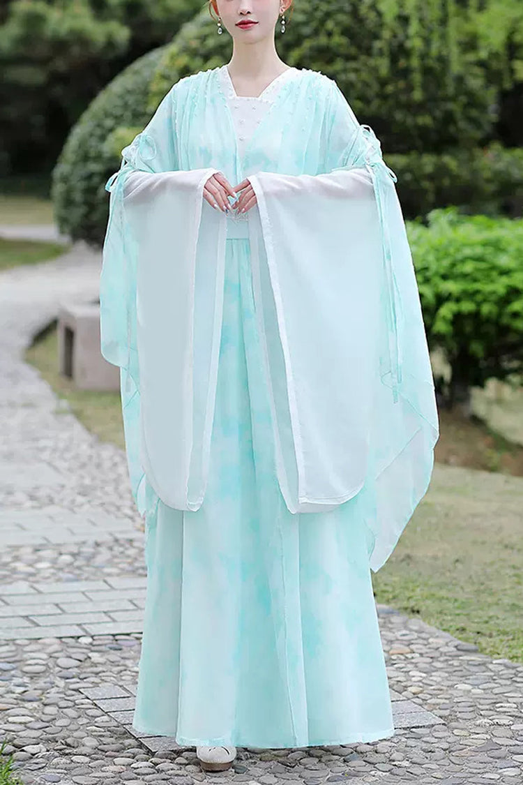 Blue V Collar High Waisted Lace-Up Women's Classic Hanfu Dress
