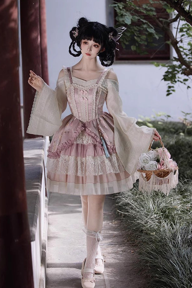 Pink Multi-Layered Ruffle Cardigan Lace Sweet Chinese Style Lolita Jsk Dress