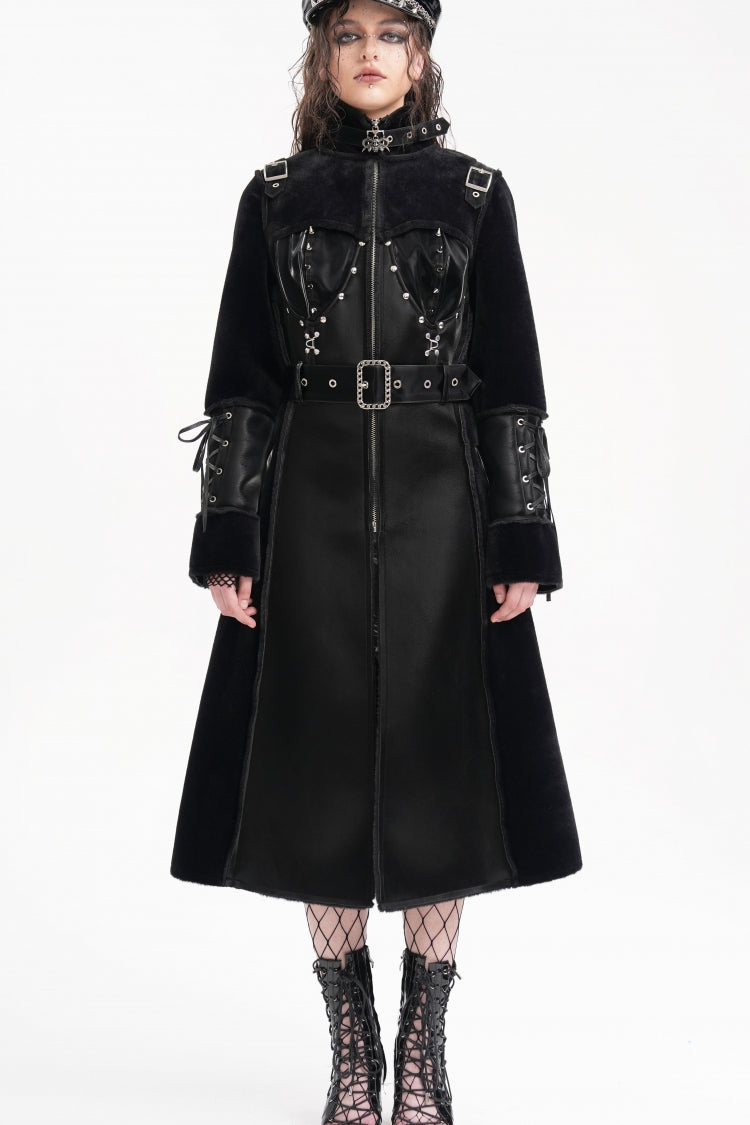 Black Women's Buckle-up Studs Eyelets Gothic Coat