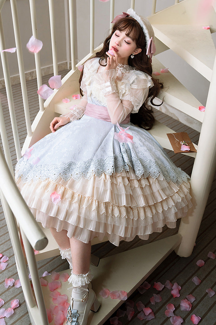 Multi-Color Cream Layers Ruffle Asymmetrical Cardigan Bowknot Sweet Lolita Jsk Dress