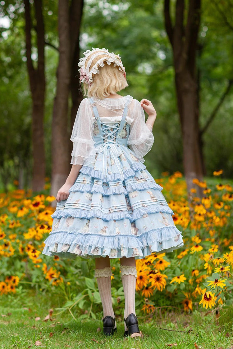 Miss Rabbit Dance Print Multi-layer Ruffle Sweet Elegant Lolita Jsk Dress 4 Colors