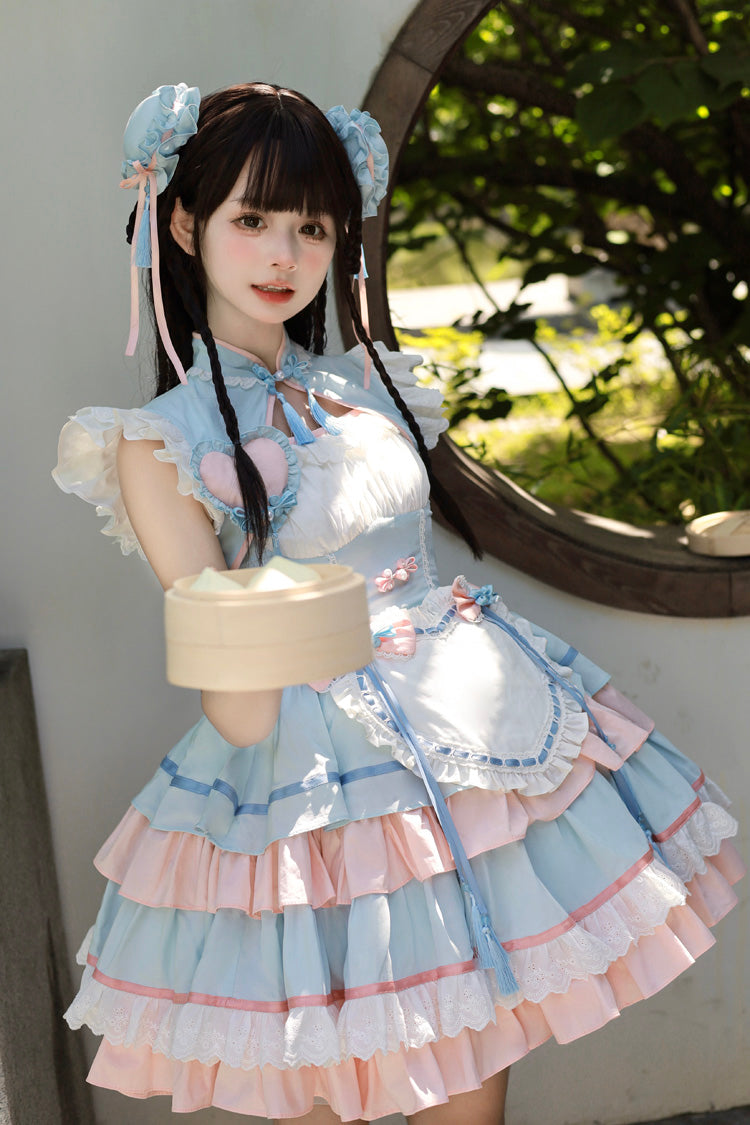 Blue/Pink Multi-Layered Ruffle Sweet Chinese Style Maid Cheongsam Lolita Dress