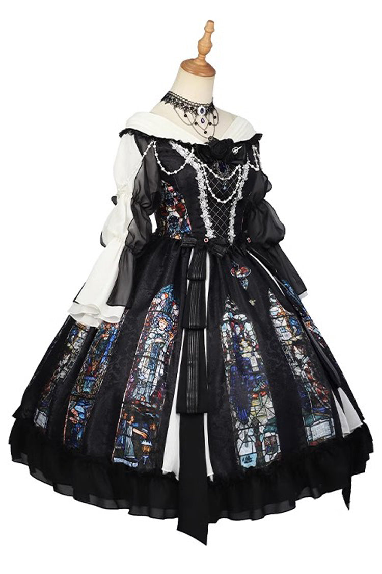 Black Stained Window Print Ruffle Bowknot Gothic Elegant Lolita Jsk Dress