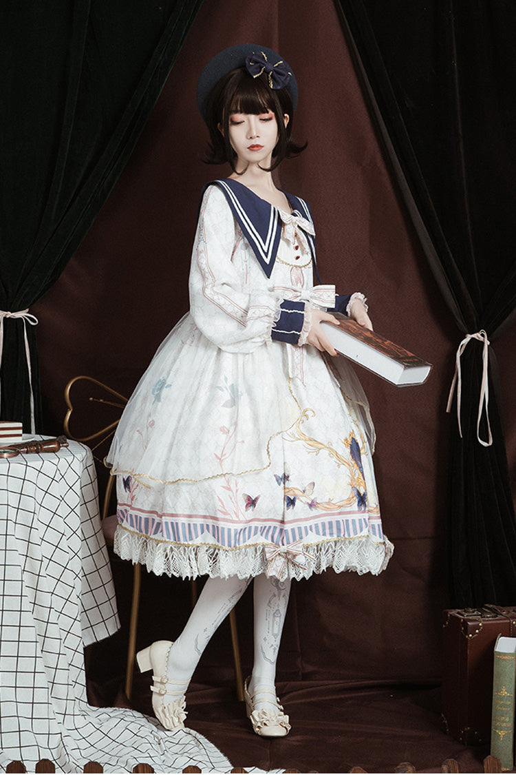 Weißes, marineblaues Kragen, lange Ärmel, Schmetterlingsdruck, Rüschen und Schleife, süßes, elegantes Prinzessin-Lolita-Kleid