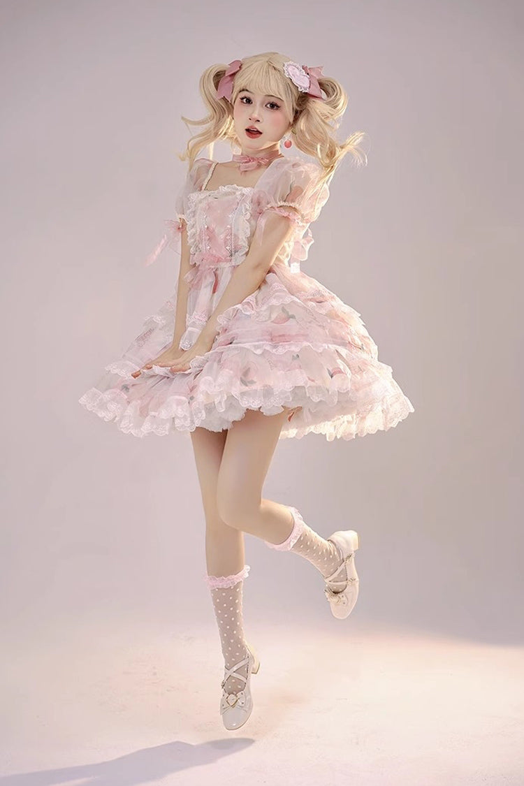 Pink Chiffon Organza Short Sleeves Multi-layer Peach Print Sweet Lolita Jsk Dress