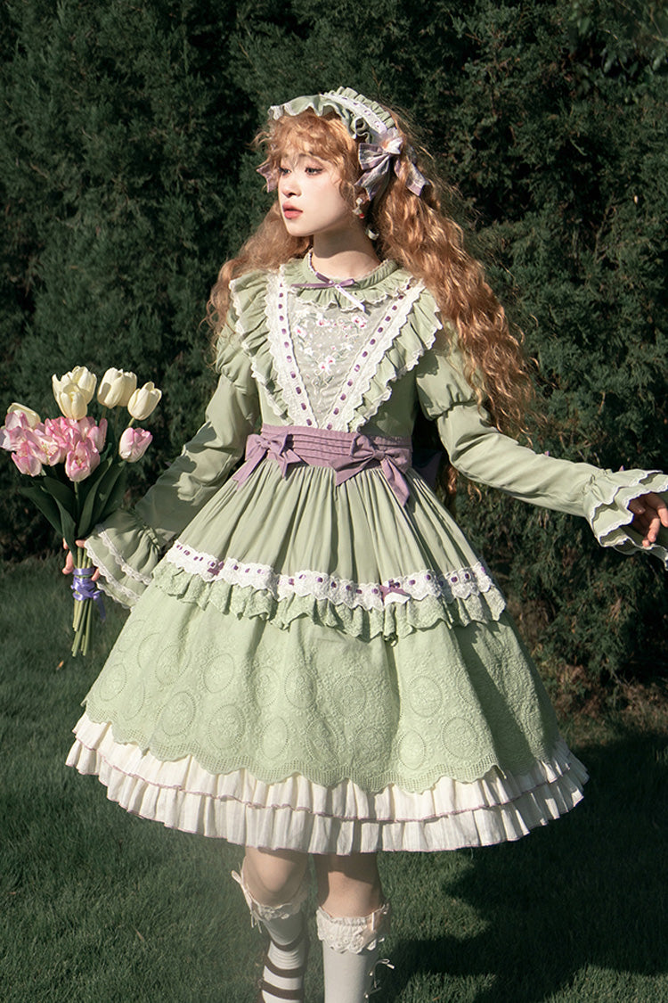 Green [Solitary Orchid In Quiet Valley] Long Sleeves Multi-Layered Embroidery Bowknot Sweet Lolita Dress