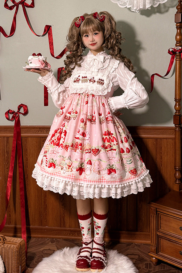 Süßes Lolita JSK-Kleid mit Rüschen und Schleife, Mint, Erdbeer-Dessert-Print, hoher Taille, 4 Farben