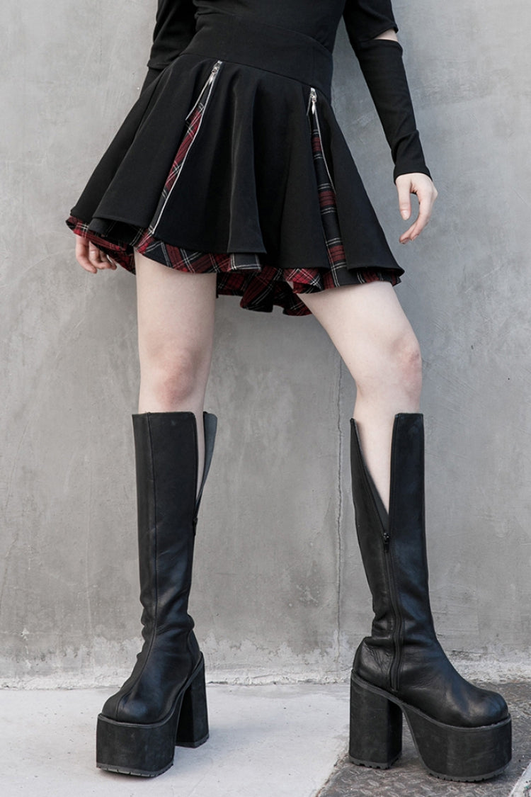 Black Stitching Red Plaid Women's Punk Pleated Skirt