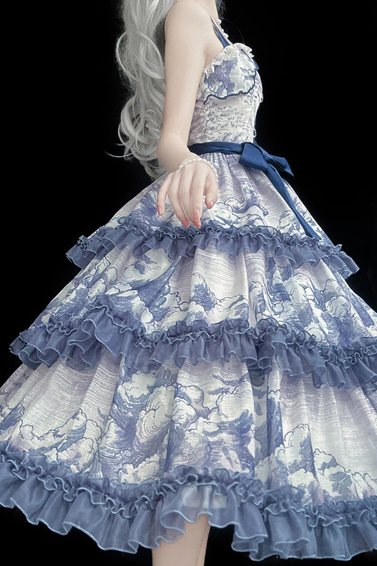 Mehrfarbiges, mehrlagiges, süßes Lolita-JSK-Kleid mit Rüschen und Schleife im Cumulonimbus-Print