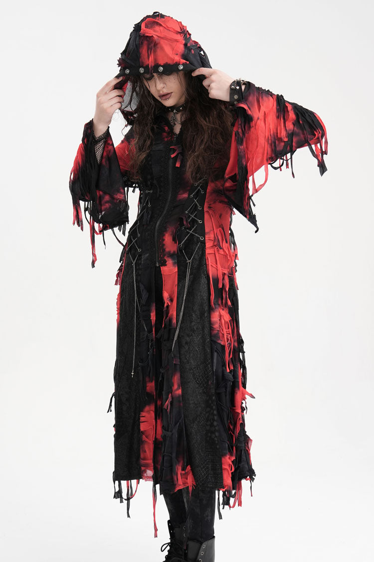 Black/Red Long Sleeves Lace Ripped Zipper Women's Punk Coat