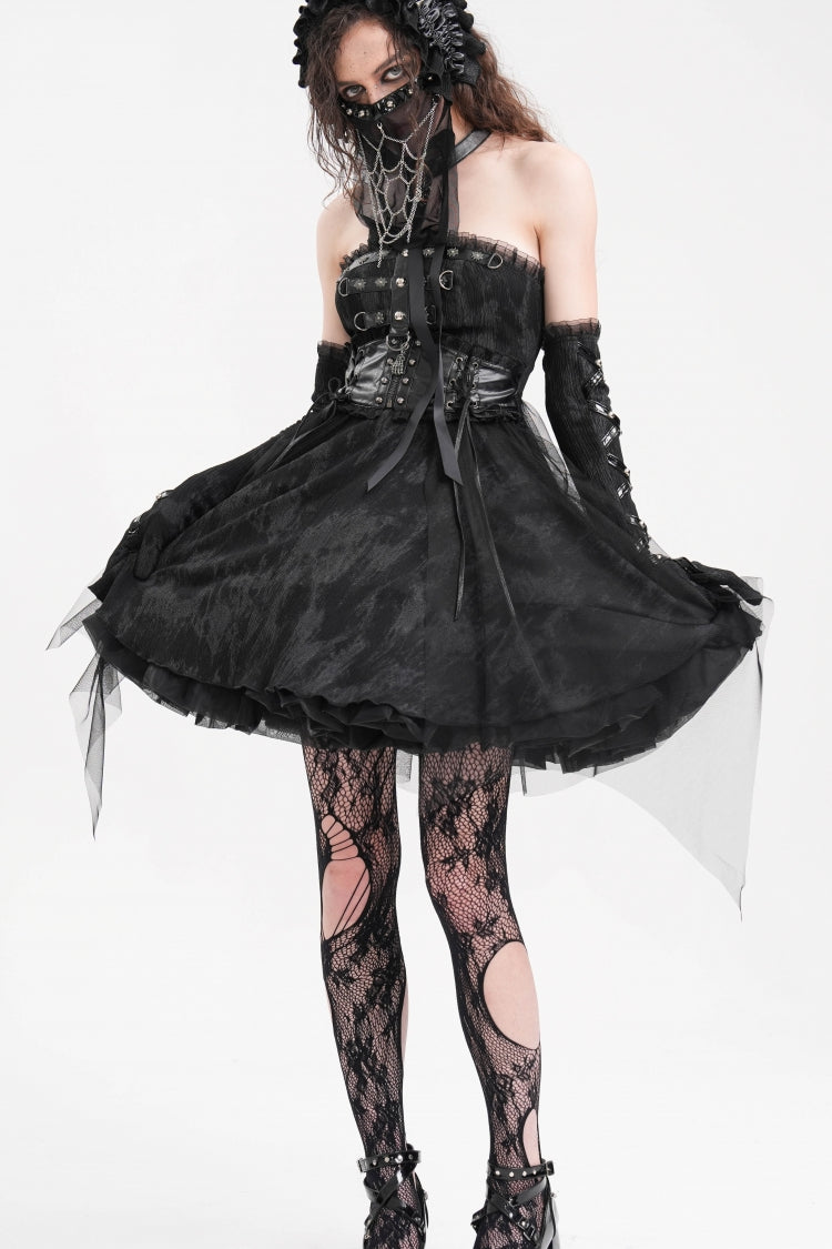 Schwarzes Neckholder-rückenfreies A-Linien-Gothic-Punk-Kurzkleid für Damen