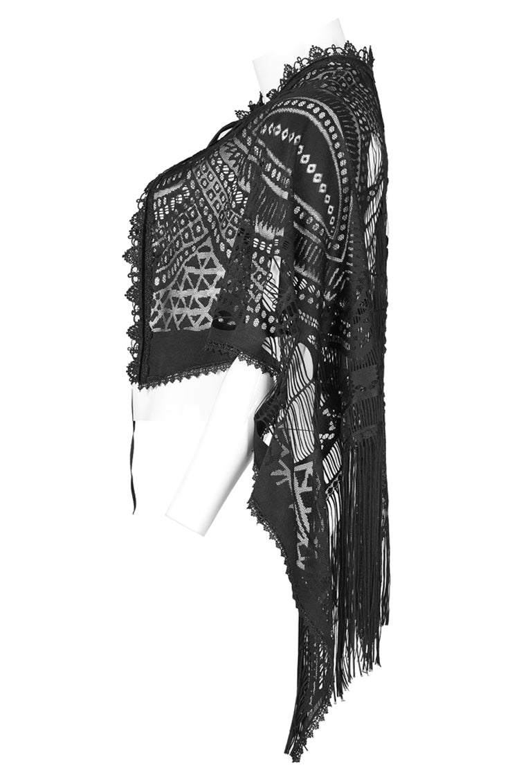 Black Openwork Lace Embroidery Pattern Decoration Hem Fringed Design Elasticated Neckline Women's Gothic Shawl