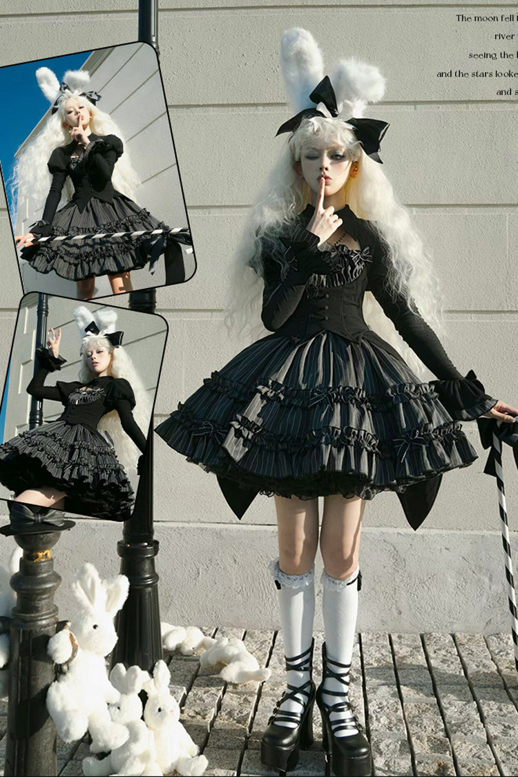 Black [Duke of the Trap Rabbit] Long Sleeves Stripe Print Ruffle Bowknot Lace Gothic Lolita Dress