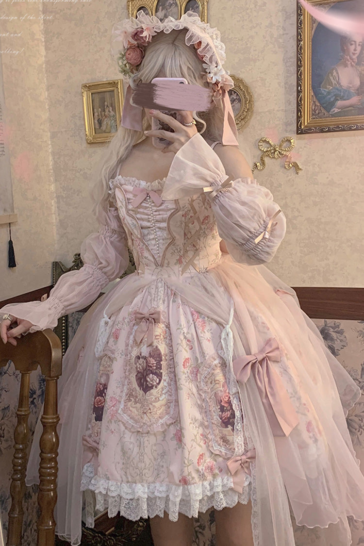 Pink [Rose Window] Print Ruffle Bowknot Lace Sweet Elegant Princess Lolita Jsk Dress