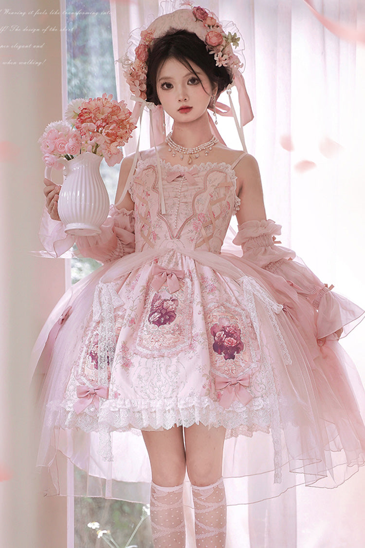 Rosa [Rosenfenster] Druck Rüschen Bowknot Spitze süßes elegantes Prinzessin Lolita Jsk Kleid