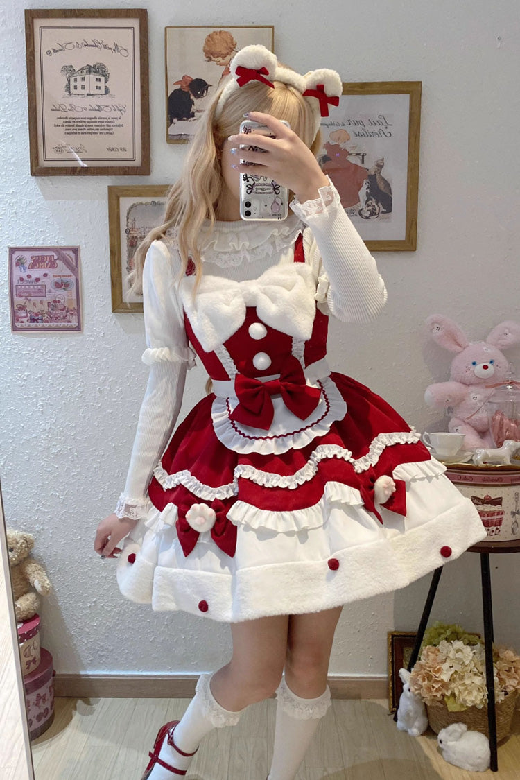 [Cream Snow Cat] Winter Ruffle Bowknot Sweet Lolita Jsk Dress 3 Colors