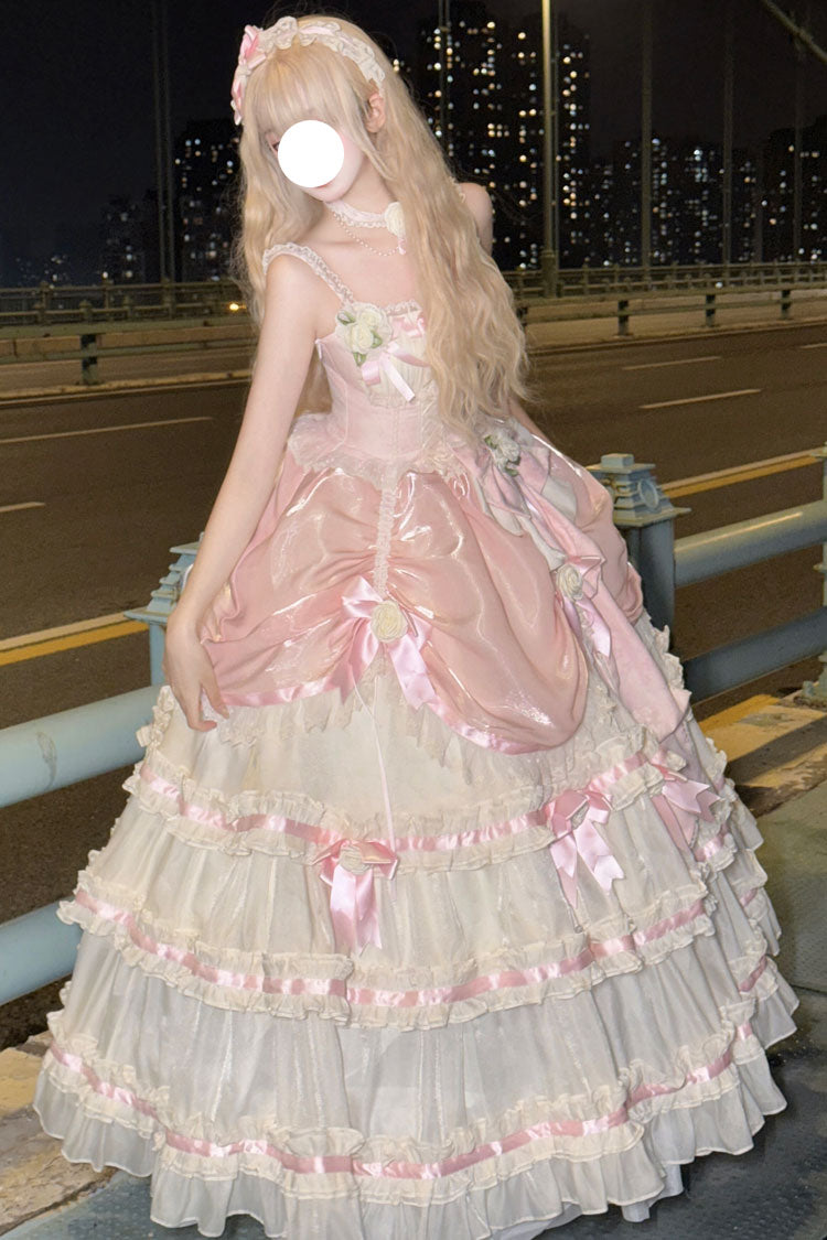 Apricot/Pink Multi-layer Ruffle Hanayome Bowknot Sweet Princess Gorgeous Long Lolita Jsk Dress