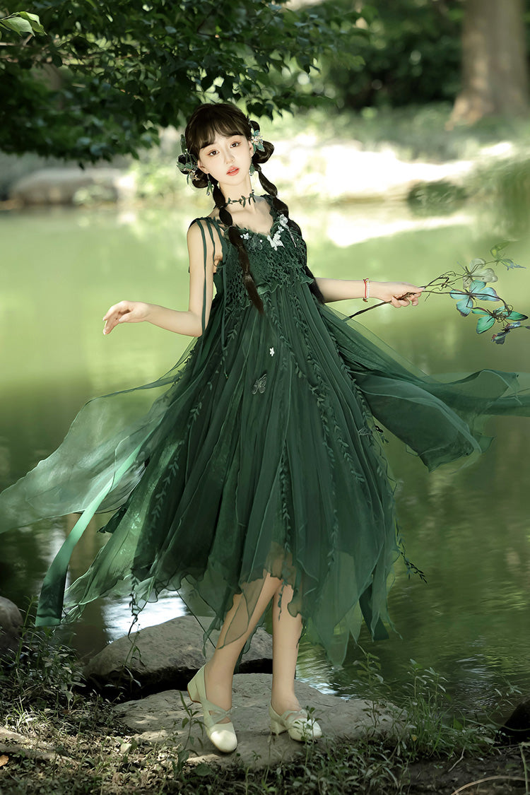 Green Forestry Asymmetric Hem Sweet Chinese Style Lolita Jsk Dress