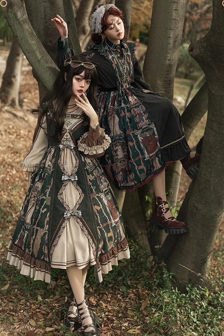 Dark Green [Tarot] Print Long Puff Sleeves Ruffle Bowknot Ripped Sweet Elegant Lolita Dress