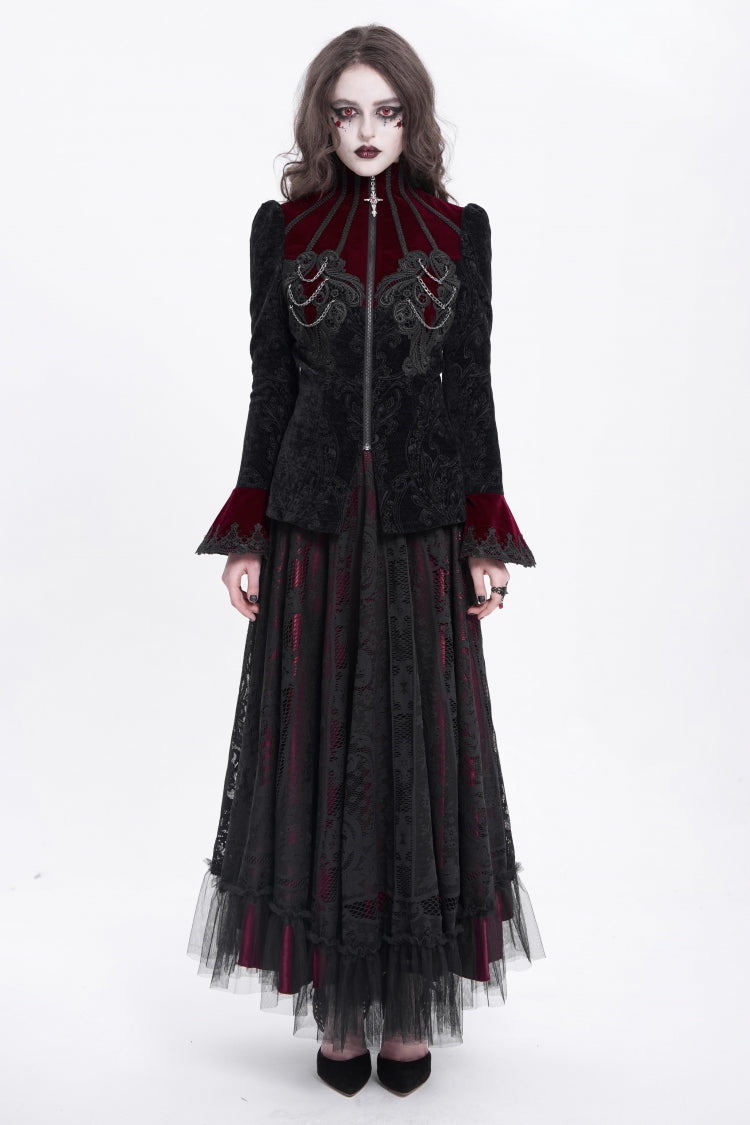 Black/Red Stand Collar Long Trumpet Sleeves Embroidery Women's Gothic Jacket