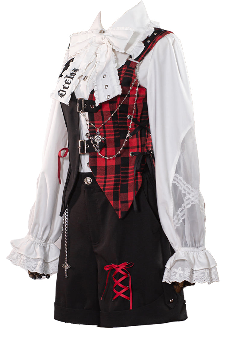 Subculture Plaid Print Ouji Fashion Prince Lolita Blouse Shorts Vest Set