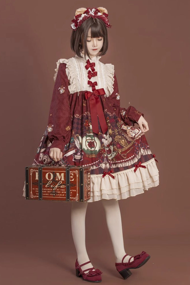 [Rabbit and Bear Feast]  Long Sleeves Multi-Layered Print Ruffle Bowknot Sweet Lolita Dress 2 Colors