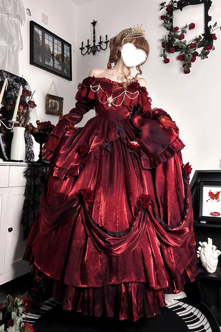 Rotes Tana Manor Lolita Kleid mit Rosenblüte, langen Ärmeln, Rüschen und Schleife, elegantes Gothic-Prinzessinnen-Kleid ohne Träger