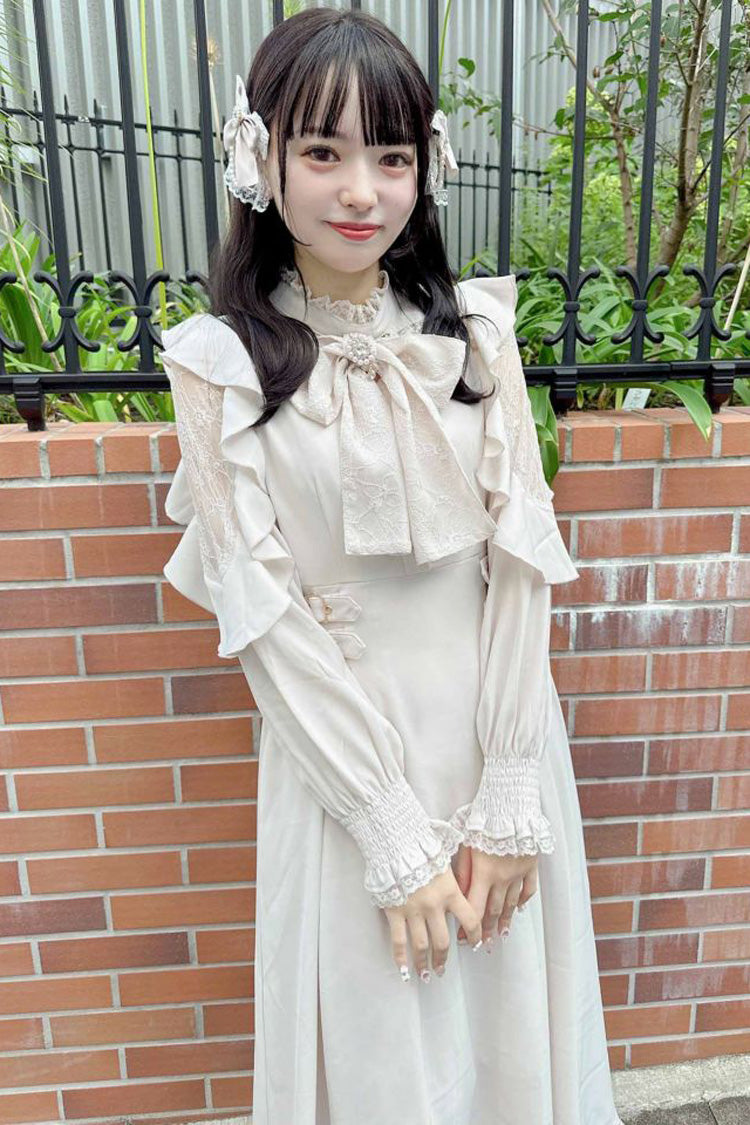 White Stand Collar Off Shoulder Long Sleeves Hollow Bowknot Slim Jirai Kei Japanese Dress