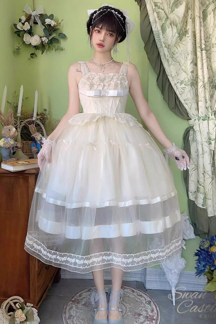 Elfenbein [Swan Castle] Rüschen Schleife Spitze Süßes Elegantes Wunderschönes Lolita Jsk Langes Kleid