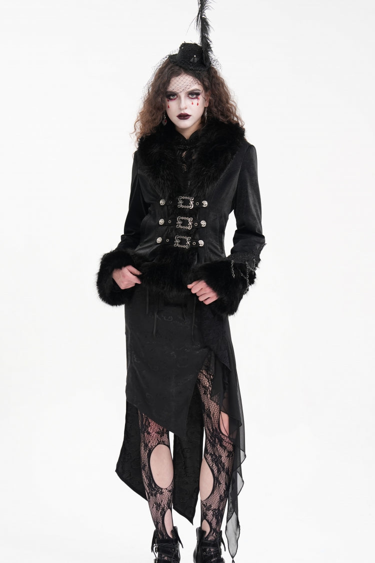 Black Faux Fur Bucket-up Chain Women's Gothic Jacket