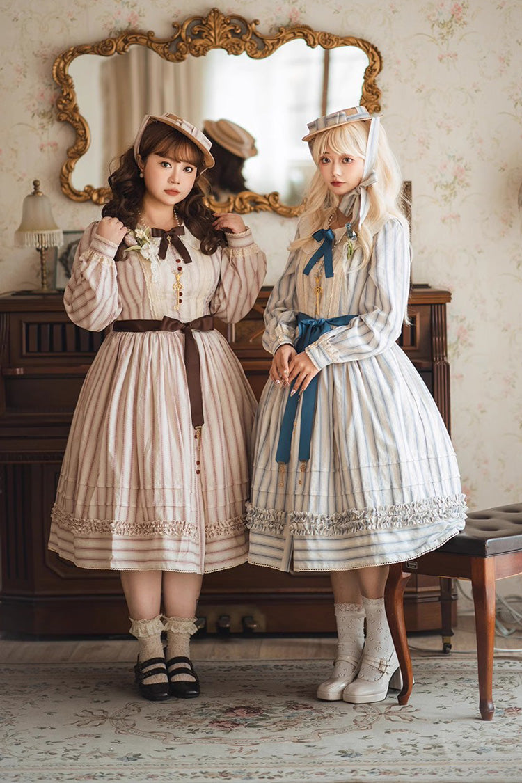 Forest Atlas Striped Print Long Sleeves Bowknot Sweet Lolita Dress 3 Colors