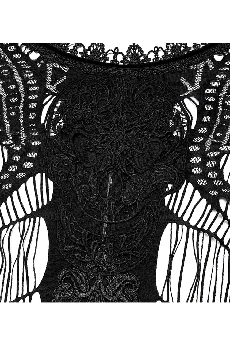 Black Openwork Lace Embroidery Pattern Decoration Hem Fringed Design Elasticated Neckline Women's Gothic Shawl