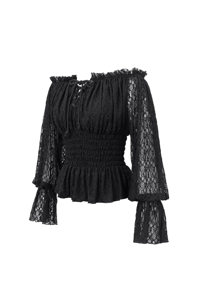 Schwarze schulterfreie Gothic-Bluse mit langen Ärmeln und Rüschenspitze für Damen