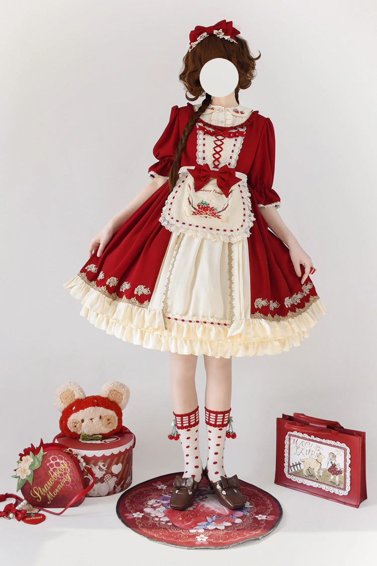 Red Tochigi Girl Double-Layered Ruffle Embroidery Cardigan Sweet Lolita Dress