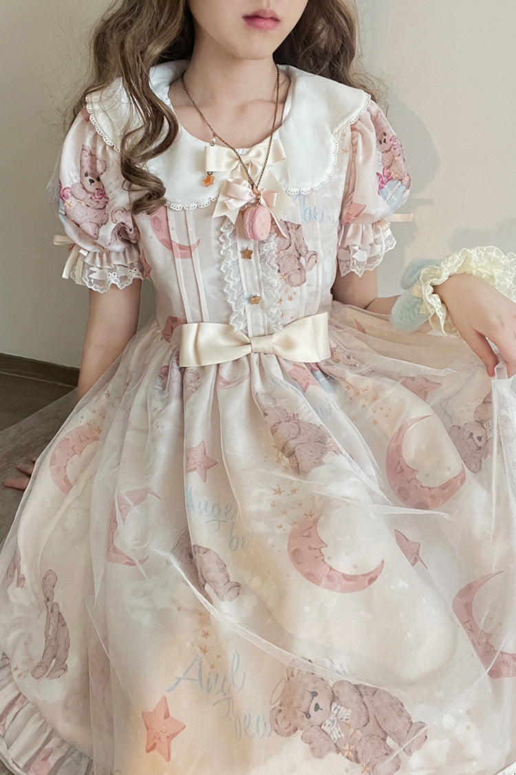 Süßes Lolita-Kleid mit Stern-Wunschbär-Aufdruck, kurzen Ärmeln und Schleife, 2 Farben