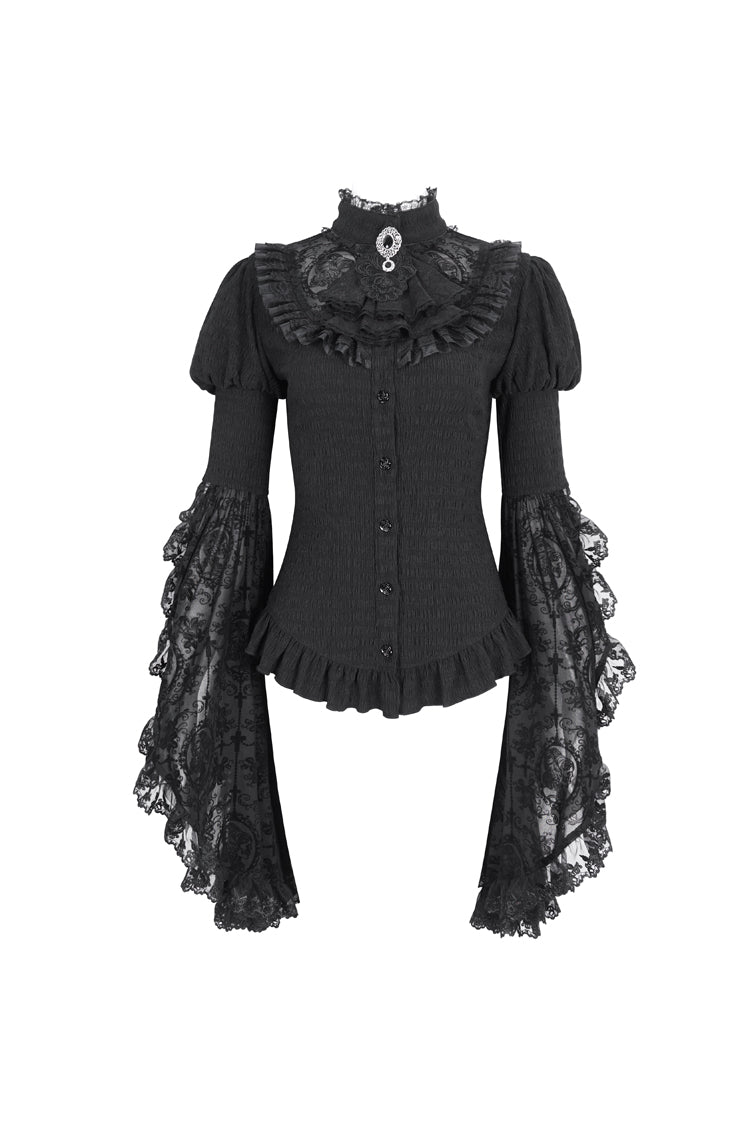 Schwarze Gothic-Bluse mit Stehkragen und Trompetenärmeln, Rüschen, Stickerei und Spitze für Damen