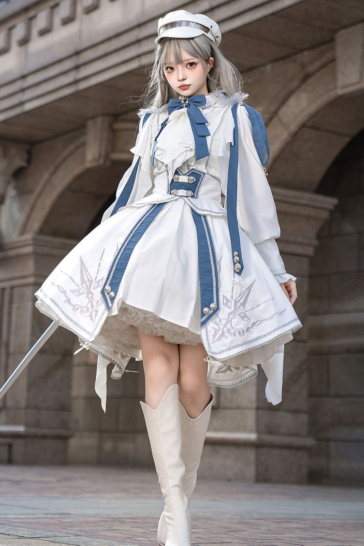 White/Blue [Star Knight] Print Punk Military Princess Handsome Ouji Lolita Skirt