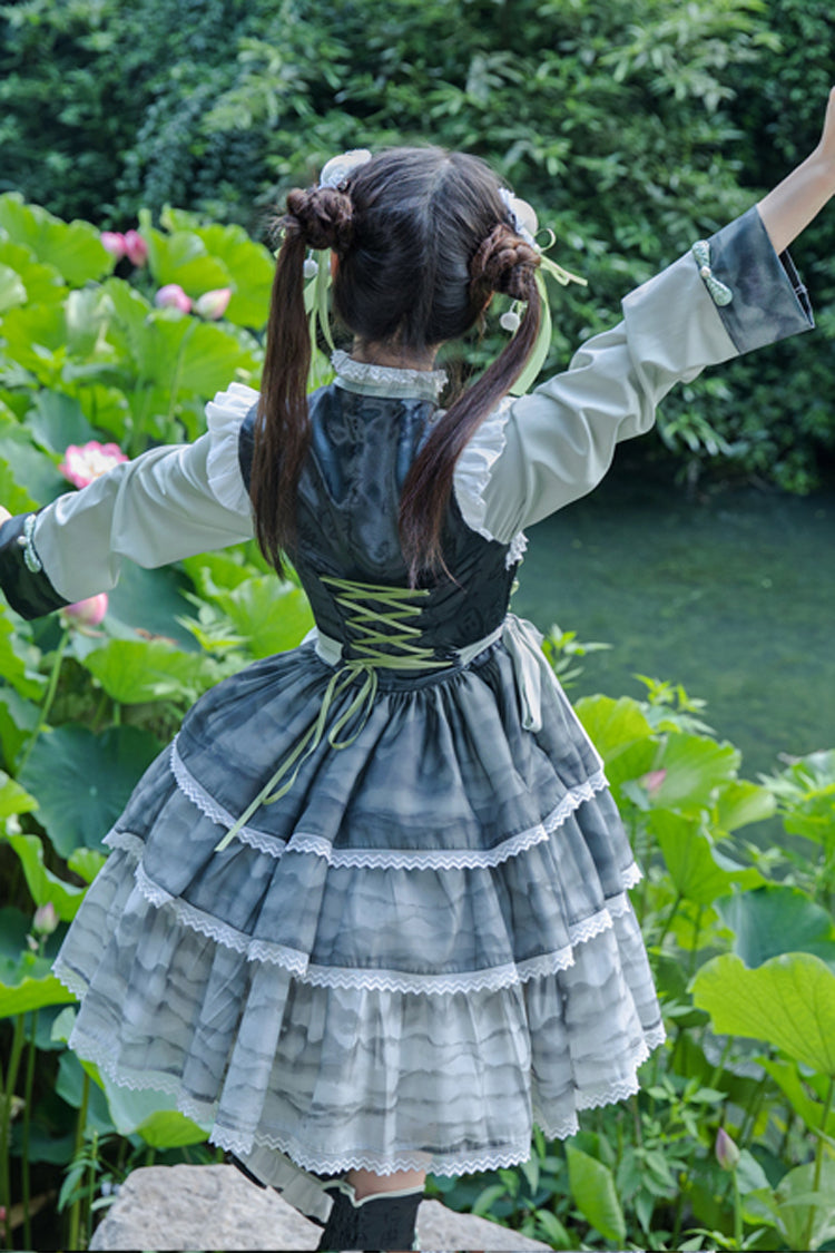 Cheongsam Tintendruck Mehrschichtige Schleife Süßes Lolita Jsk Prinzessinkleid im chinesischen Stil 2 Farben