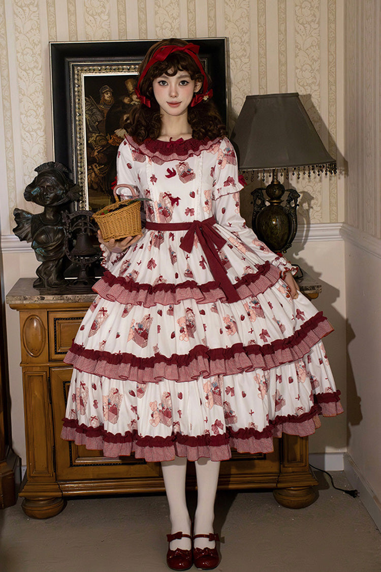 Weiß/Rosa [Bell Strawberry Farm] Bedrucktes, langärmliges, dreilagiges Lolita-Kleid mit Rüschen