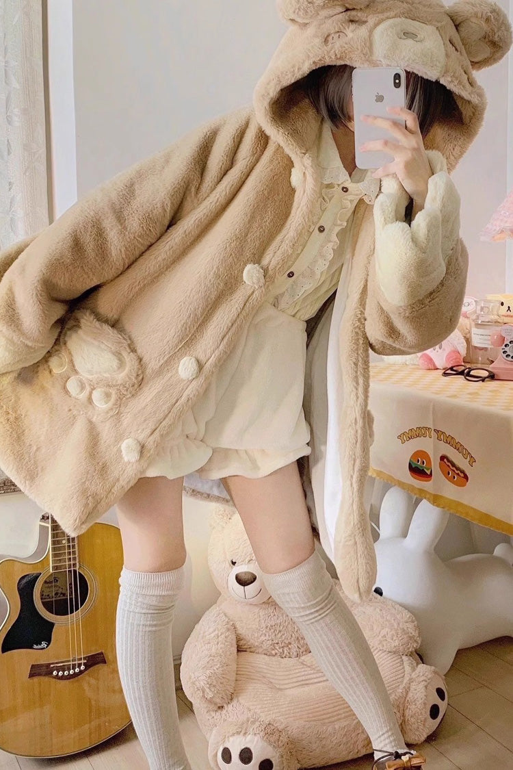 [Sleepy Bear] Long Sleeves Plush Thickened Hooded Sweet Lolita Coat 2 Colors