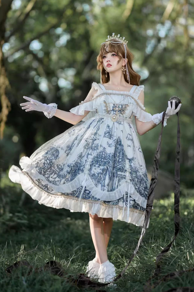 Weiß [Castle Feast] Bedrucktes Rüschen-Schleifen-Gothic-Prinzessin-Lolita-Jsk-Kleid