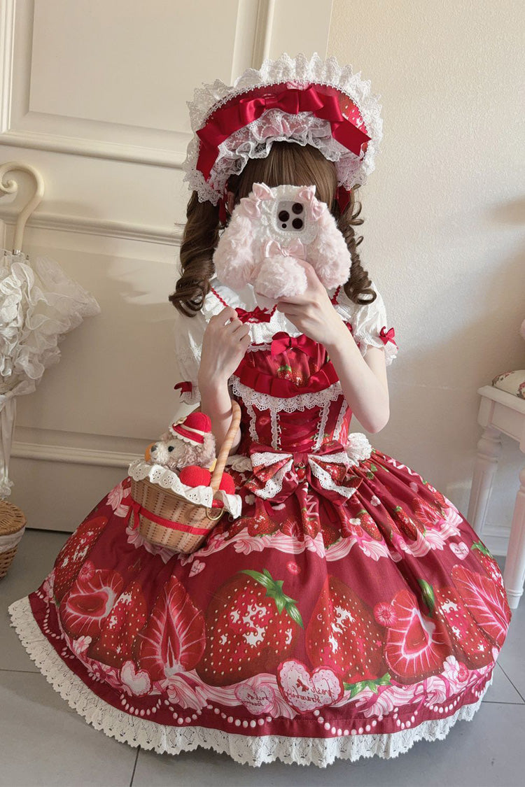 [Sweet Berry Tale] Strawberry Print Ruffle Bowknot Lace Sweet Lolita Jsk Dress 4 Colors