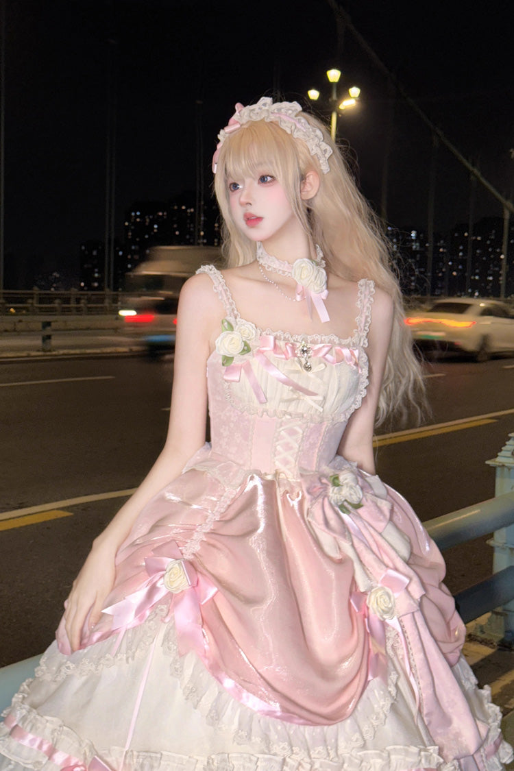 Apricot/Pink Multi-layer Ruffle Hanayome Bowknot Sweet Princess Gorgeous Long Lolita Jsk Dress