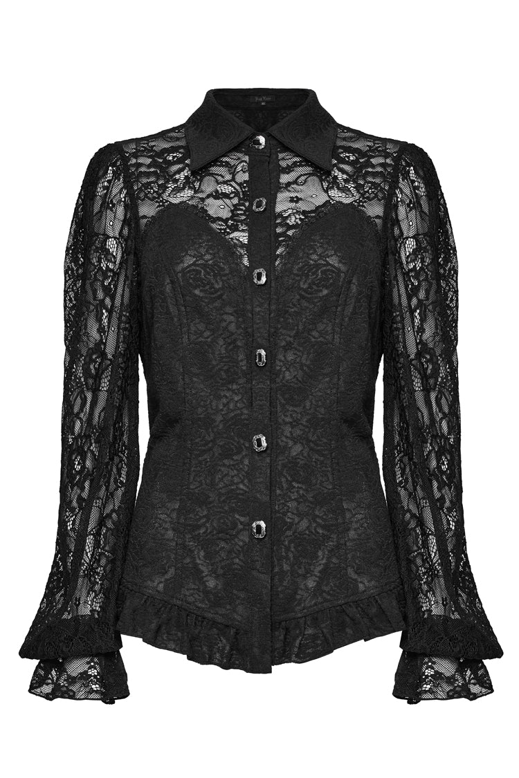 Black Lapel Collar Puff Sleeves Ruffle Stitching Lace Women's Gothic Blouse